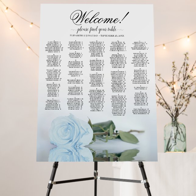 Dusty Blue Rose Alphabetical Seating Chart Welcome Foam Board (In Situ (Stand))