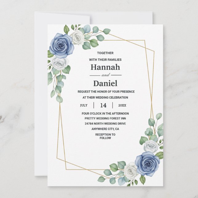 Dusty Blue Rose and Gold Geometric Wedding Invitation (Front)