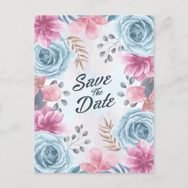 Dusty Blue Rose and Pink Floral Save the Date Postcard (Front)