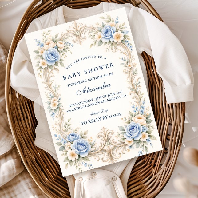 Dusty Blue Rose Baroque Baby Shower Invitation (Creator Uploaded)