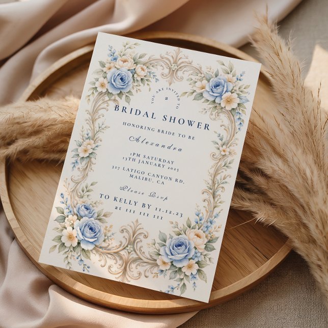 Dusty Blue Rose Baroque Bridal Shower Invitation (Creator Uploaded)