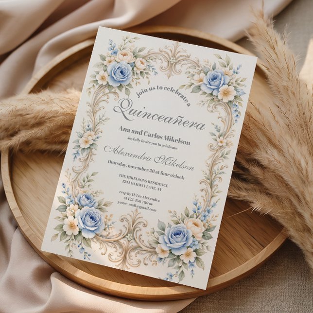 Dusty Blue Rose Baroque Quinceañera Invitation (Creator Uploaded)
