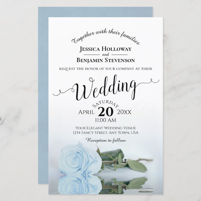 Dusty Blue Rose Chic BUDGET Wedding Invitation (Front/Back)