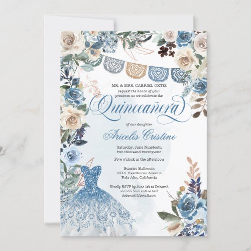 Dusty Blue Rose Country Flowers Quinceaera Invitation
