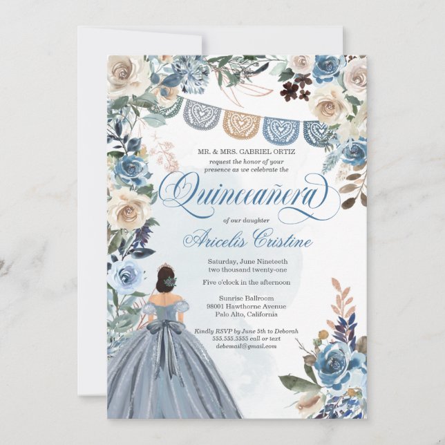 Dusty Blue Rose Country Papel Picado Quinceañera Invitation (Front)