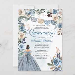 Dusty Blue Rose Country Papel Picado Quinceañera Invitation