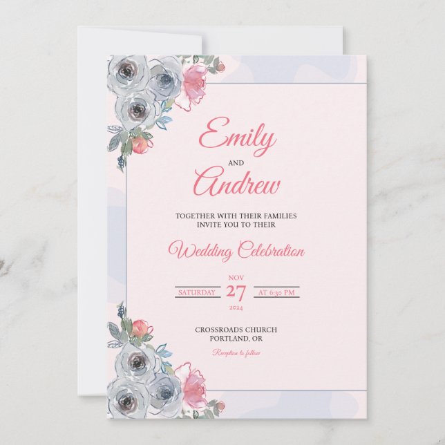 Dusty Blue Rose Elegant Floral Watercolor Wedding Invitation (Front)