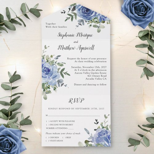 Dusty Blue Rose Eucalyptus Botanical Wedding All In One Invitation