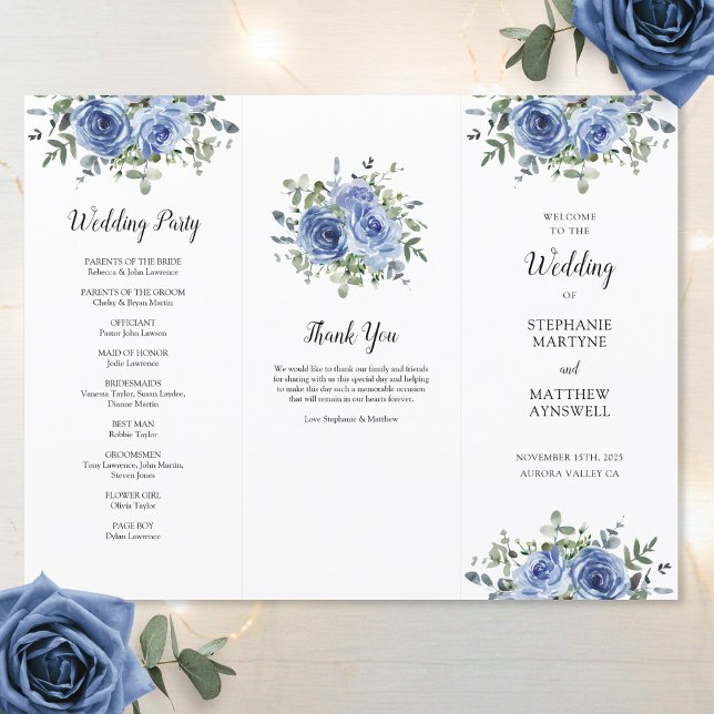 Dusty Blue Rose Eucalyptus Order of Service (Side 1)