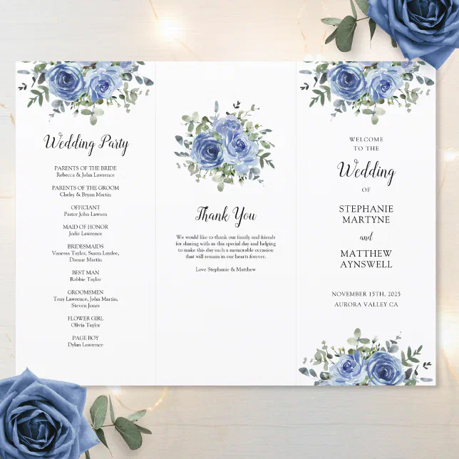 Dusty Blue Rose Eucalyptus Order of Service Zazzle