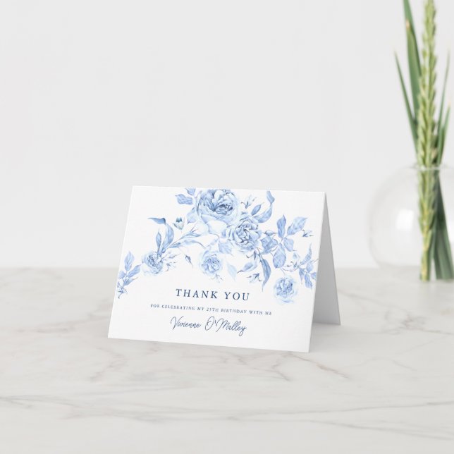 Dusty Blue Rose Floral 25th Birthday Thank You Card (Front)