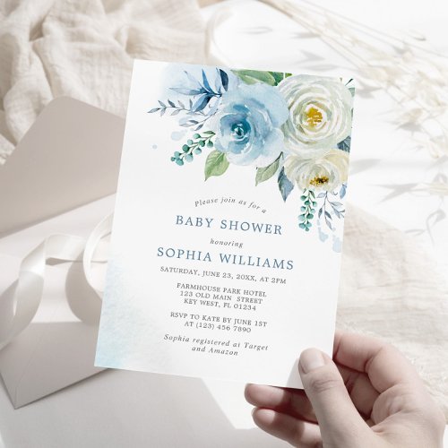 Dusty Blue Rose Floral Baby Shower Invitation