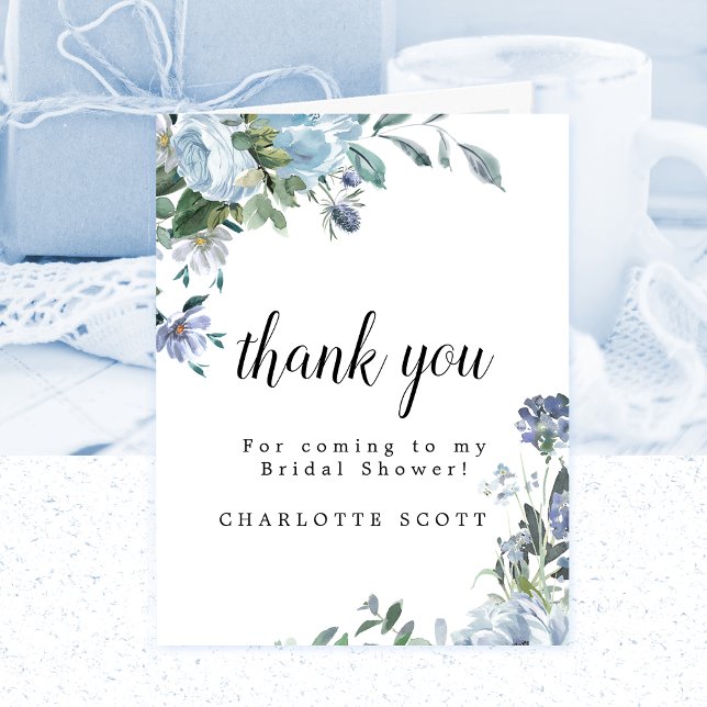 Dusty Blue Rose Floral Bridal Shower Photo Thank You Card (Creator Uploaded)