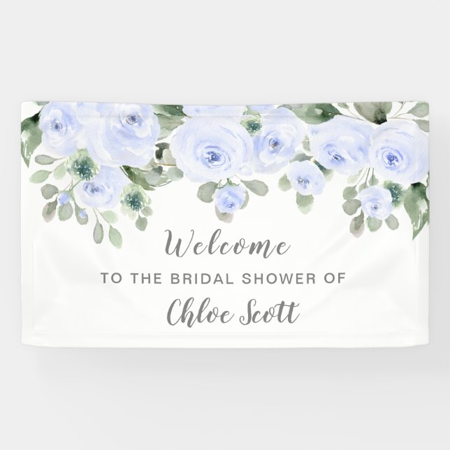 Dusty Blue Rose Floral Bridal Shower Welcome Banner (Horizontal)