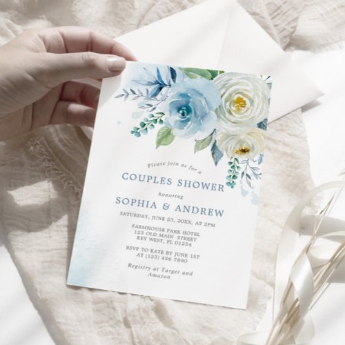 Dusty Blue Rose Floral Couples Shower Invitation
