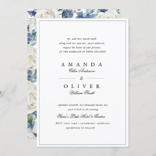 Dusty Blue Rose Floral Elegant Classic Wedding  Invitation