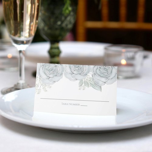Dusty Blue Rose Floral Elegant Watercolor Wedding Place Card