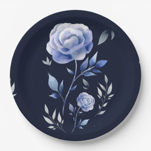 dusty blue rose floral navy blue paper plates