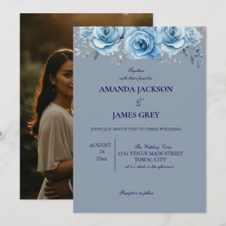 Dusty Blue Rose Floral Photo Back Wedding  Invitation