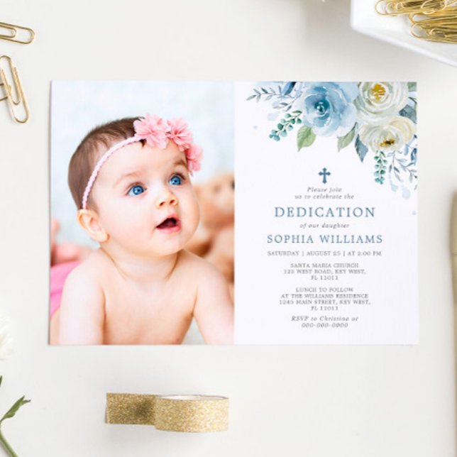 Dusty Blue Rose Floral Photo Girl Dedication Invitation (Creator Uploaded)