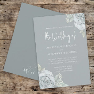 Dusty Blue Rose Floral Wedding Invitation Elegant 