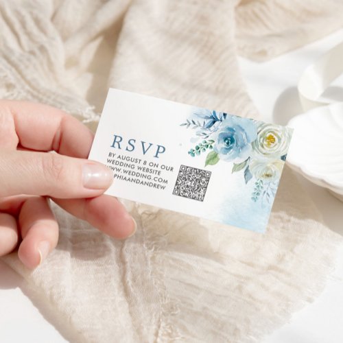 Dusty Blue Rose Floral Wedding QR Code RSVP Enclosure Card