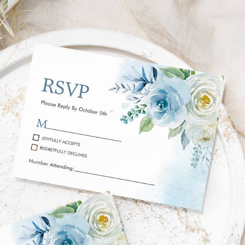 Dusty Blue Rose Floral Wedding RSVP Card