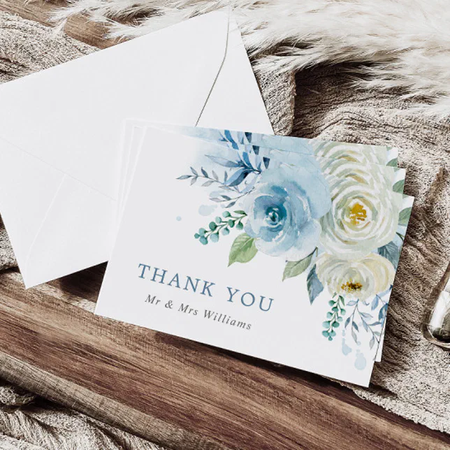 Dusty Blue Rose Floral Wedding Thank You Card | Zazzle