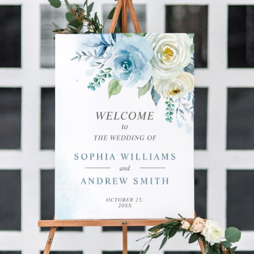 Dusty Blue Rose Floral Wedding Welcome Sign