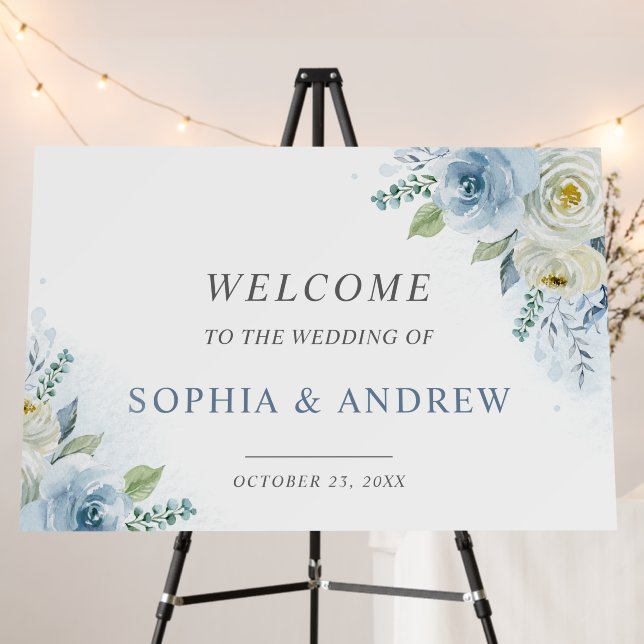 Dusty Blue Rose Floral Wedding Welcome Sign (In Situ (Stand))