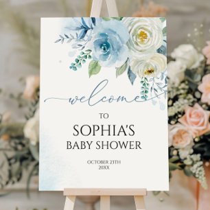 Dusty Blue Rose Flowers Baby Shower Welcome Sign