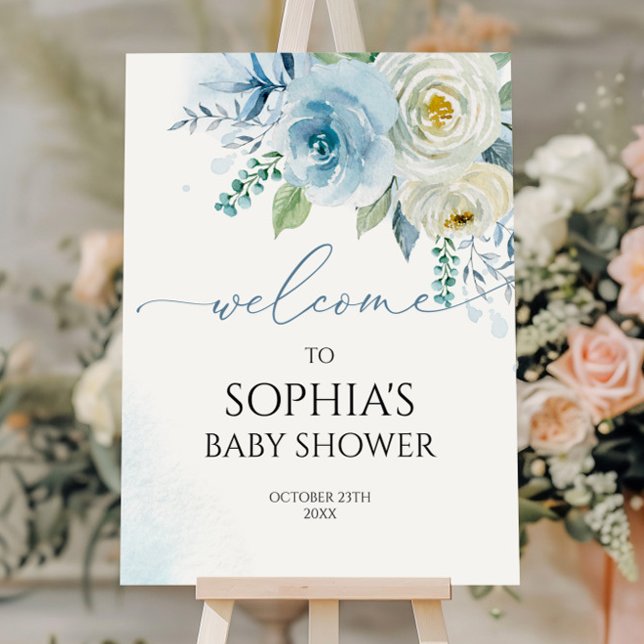 Dusty Blue Rose Flowers Baby Shower Welcome Sign (Creator Uploaded)