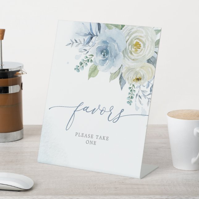 Dusty Blue Rose Flowers Shower Favors Sign (In SItu)