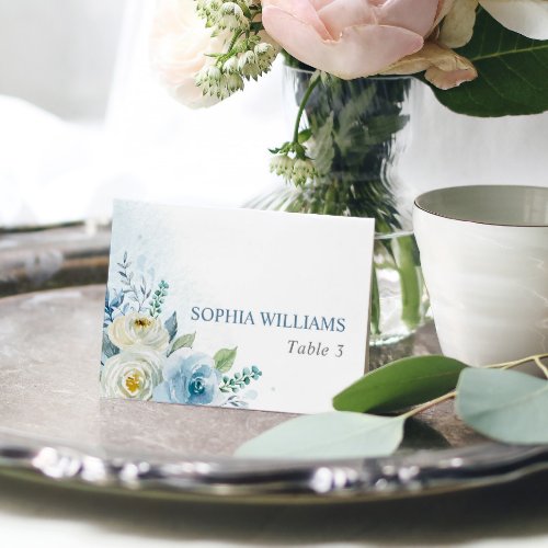 Dusty Blue Rose Flowers Wedding Table Card