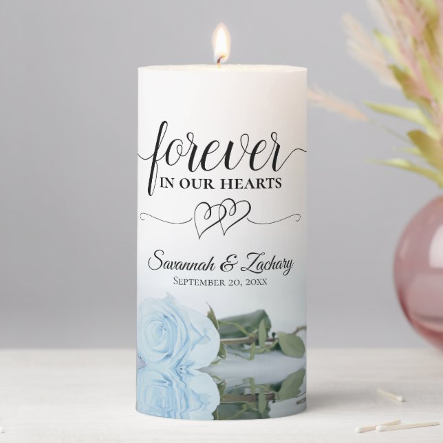 Dusty Blue Rose Forever in our Hearts Memorial Pillar Candle (In Situ)