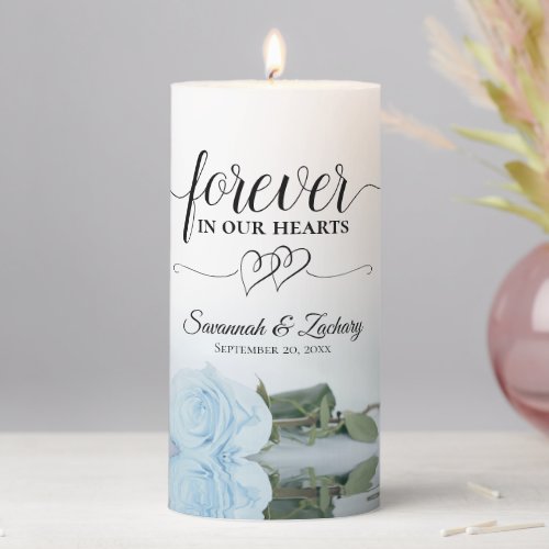 Dusty Blue Rose Forever in our Hearts Memorial Pillar Candle