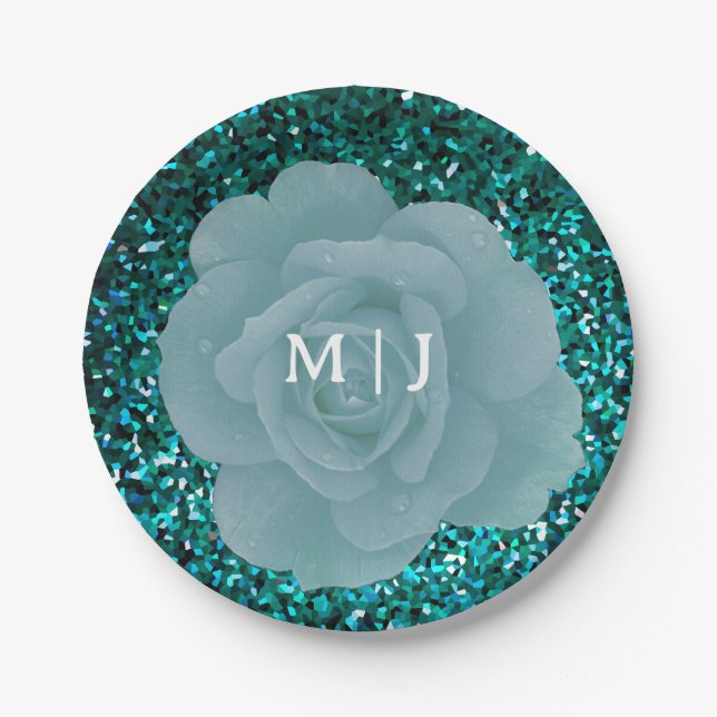 Dusty Blue Rose Glittery Monogram Elegant Wedding Paper Plates (Front)