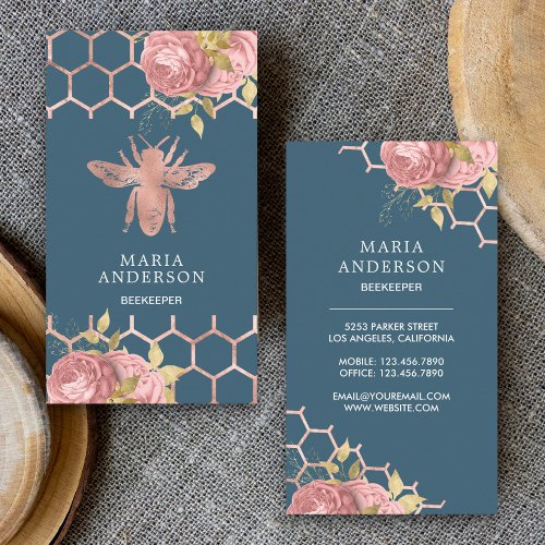 Dusty Blue Rose Gold Blush Pink Floral Honey Bee Business Card