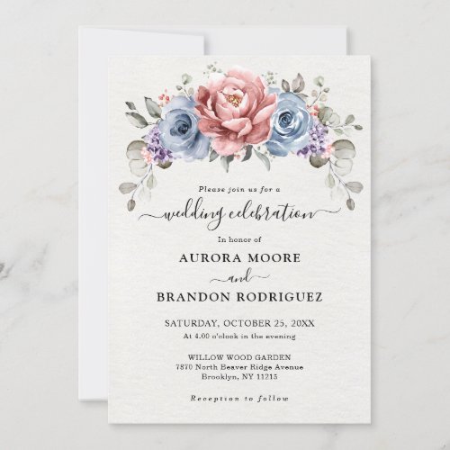 Dusty Blue Rose Gold Coral Purple  Wedding Invitation