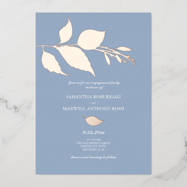 Dusty Blue Rose Gold Engagement Party Foil Invitation (Front)
