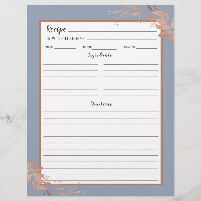 Dusty Blue Rose Gold Foliage Recipe Binder Page (Front)