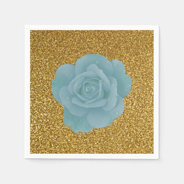 Dusty Blue Rose Gold Glitter Bridal Shower Wedding Napkins (Front)