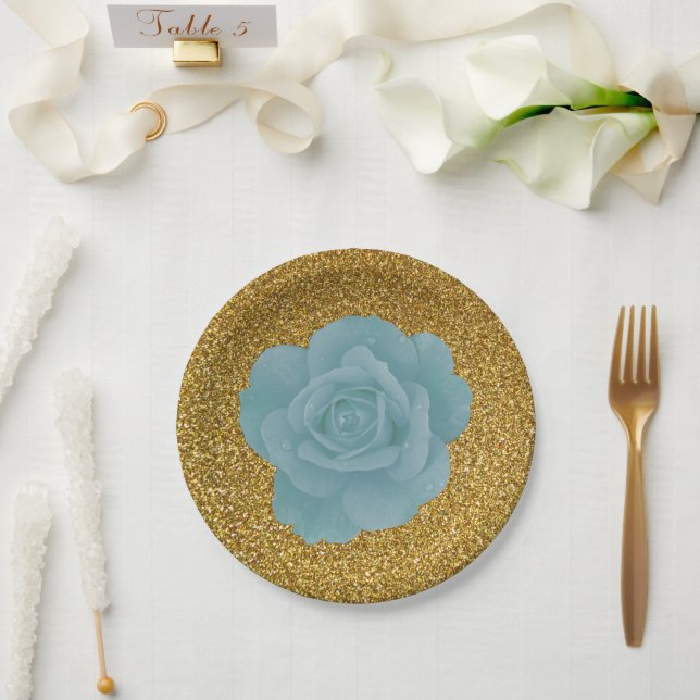 Dusty Blue Rose Gold Glitter Bridal Shower Wedding Paper Plates (Wedding)
