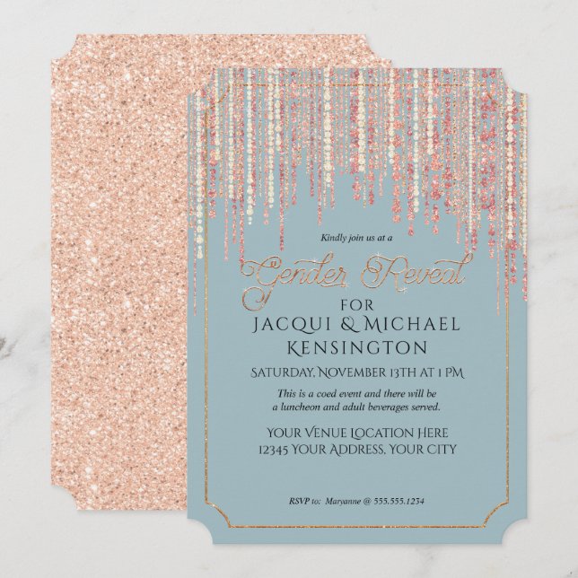 Dusty Blue Rose Gold Glitter Fringe Gender Reveal Invitation (Front/Back)