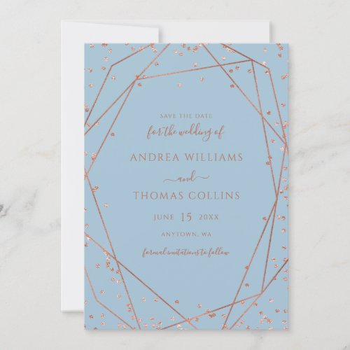 Dusty Blue Rose Gold Glitter Geometric Wedding Save The Date