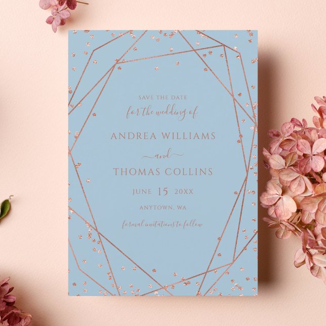 Dusty Blue Rose Gold Glitter Geometric Wedding Save The Date (Creator Uploaded)