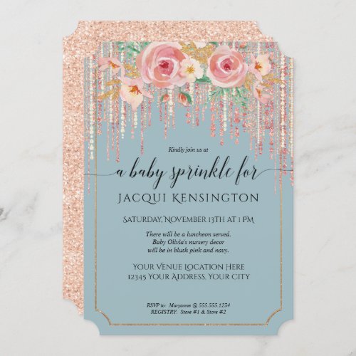 Dusty Blue Rose Gold Glitter Pink Floral Sprinkle Invitation