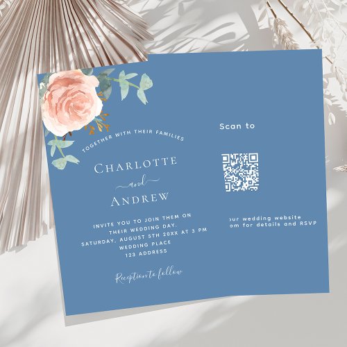 Dusty blue rose gold luxury QR RSVP wedding Invitation