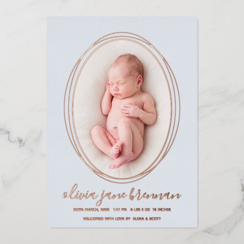 Dusty Blue Rose Gold Photo Birth Announcement