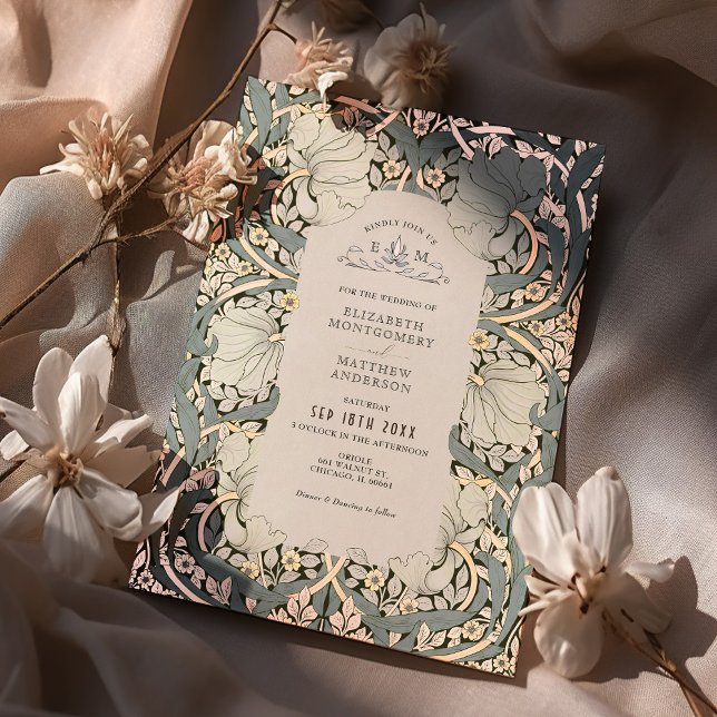 Dusty Blue Rose Gold Pimpernel William Morris Foil Invitation (Creator Uploaded)